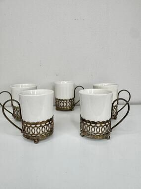 Vintage Enoch Wedgwood Tunstall England White Cups Metal Holders Set of 5